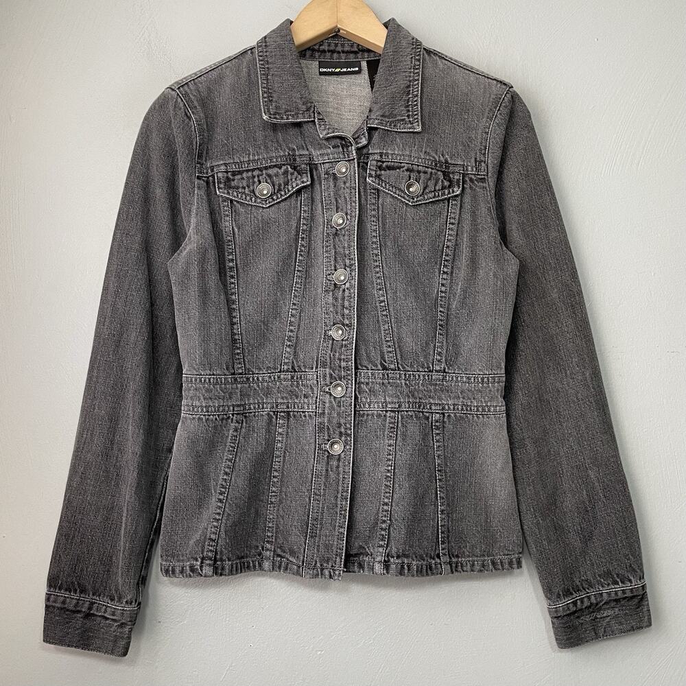 DKNY Jeans Jacket Juniors Size Medium Gray Denim Fitted Peplum Y2K 2000s Chic